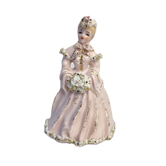 Lefton Vintage Victorian Lady Figurine Pink & Gold Spaghetti Trim K8572P 1950s - Picture 1 of 10
